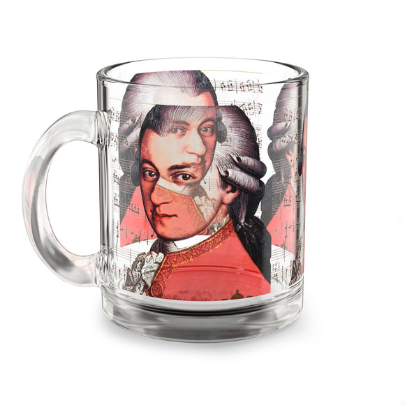 Mozart and Manuscript Design on Glass Mug - 10oz Coffee Cup for Music Lovers