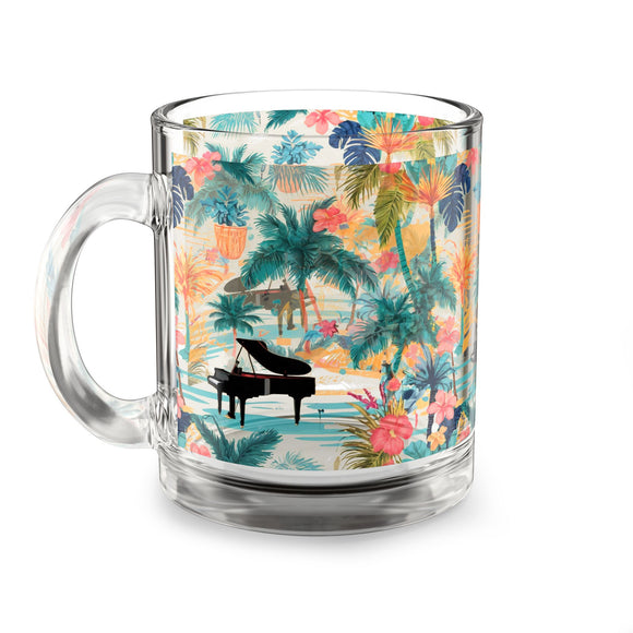 Tropical Piano Design 01 on Glass Mug - 10oz Coffee Cup for Music Lovers