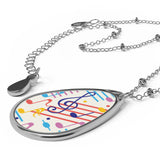Music Notes Design 02 on Oval Necklace - Silver Teardrop Pendant