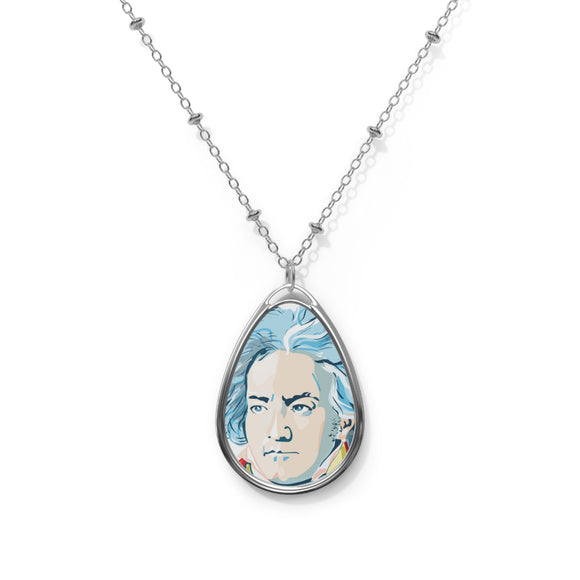 Beethoven Design 01 on Oval Necklace - Silver Teardrop Pendant