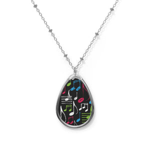 Music Notes Design 04 on Oval Necklace - Silver Teardrop Pendant