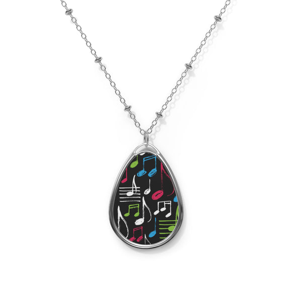 Music Notes Design 04 on Oval Necklace - Silver Teardrop Pendant