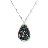 Music Notes Design 04 on Oval Necklace - Silver Teardrop Pendant