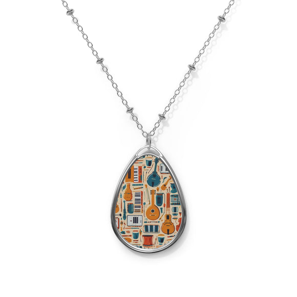 Musical Instruments Design 01 on Oval Necklace - Silver Teardrop Pendant