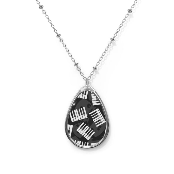 Piano Keys Design 03 on Oval Necklace - Silver Teardrop Pendant