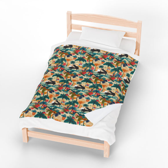 Tropical Piano Design on Velveteen Plush Blanket for Music Lovers