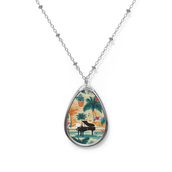 Tropical Piano Design on Oval Necklace - Silver Teardrop Pendant