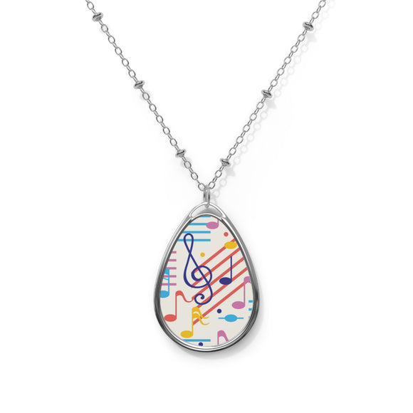 Music Notes Design 02 on Oval Necklace - Silver Teardrop Pendant