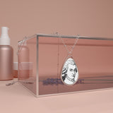 Mozart Sketch Design on Oval Necklace - Silver Teardrop Pendant