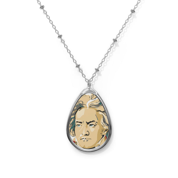Beethoven Design 02 on Oval Necklace - Silver Teardrop Pendant