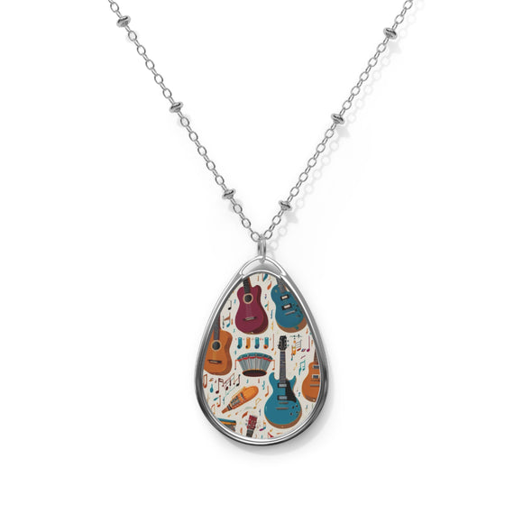 Musical Instruments Design 03 on Oval Necklace - Silver Teardrop Pendant