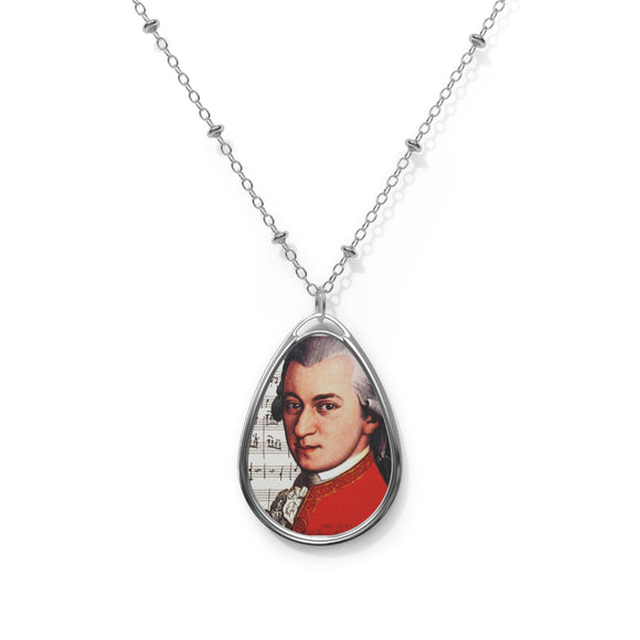 Mozart and Manuscript Design on Oval Necklace - Silver Teardrop Pendant