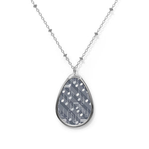 Music Notes Design 03 on Oval Necklace - Silver Teardrop Pendant