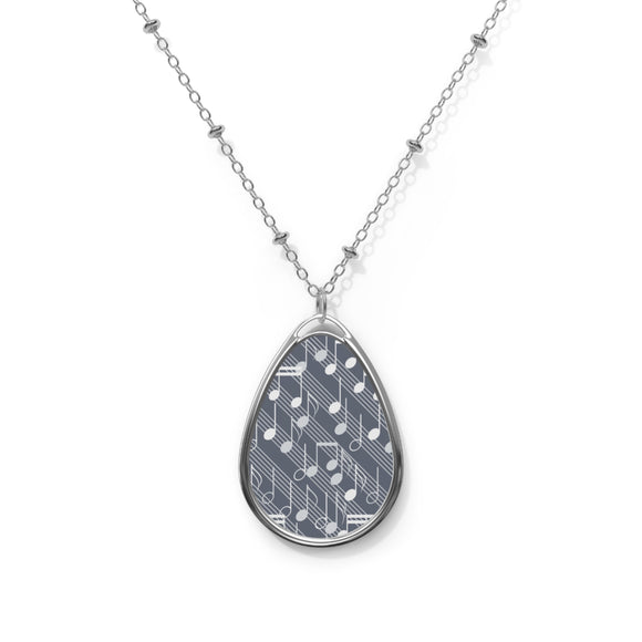 Music Notes Design 03 on Oval Necklace - Silver Teardrop Pendant