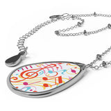 Music Notes Design 01 on Oval Necklace - Silver Teardrop Pendant
