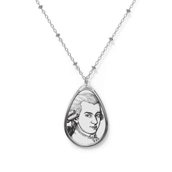 Mozart Sketch Design on Oval Necklace - Silver Teardrop Pendant