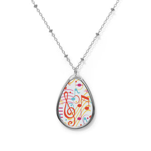 Music Notes Design 01 on Oval Necklace - Silver Teardrop Pendant