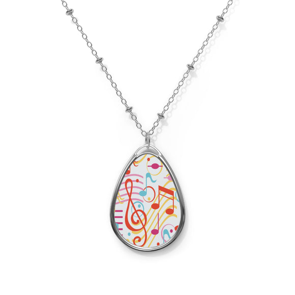 Music Notes Design 01 on Oval Necklace - Silver Teardrop Pendant