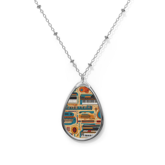 Musical Instruments Design 02 on Oval Necklace - Silver Teardrop Pendant