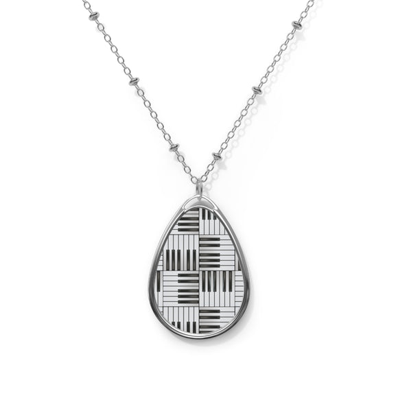 Piano Keys Design 01 on Oval Necklace - Silver Teardrop Pendant